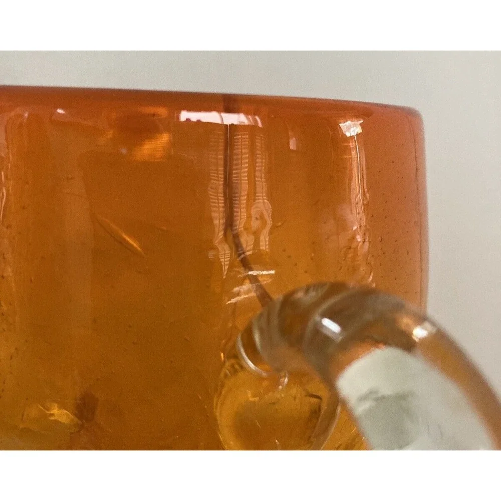 Vintage Blenko crackle glass dimpled tall pitcher Amberina orange clear handle